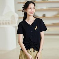 茵曼 女士短袖T恤 宽松百搭清新简约v领显瘦减龄