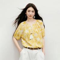 红袖 女士印花泡泡袖流苏系带圆领上衣