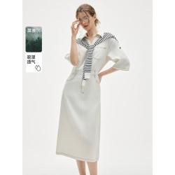 ELLE 翻领连衣裙2026年夏季新款摩登通勤风可拆卸黑白条收腰衬衫裙