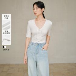 亦谷 V领针织衫女秋款减龄薄款短袖套头上衣内搭打底衫百搭