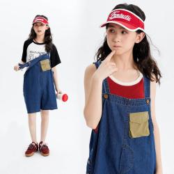 富罗迷 女童牛仔裤夏季丹宁色青少年初中生时髦洋气休闲全棉儿童背带裤