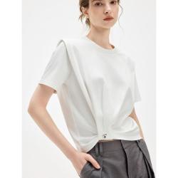 ELLE 小众肩褶设计女式T恤2026年夏季新款温柔气质收腰扭结设计