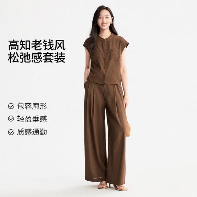 菲妮迪 2026夏季复古风圆领纯色百搭透气含亚麻女式衬衫/休闲裤套装