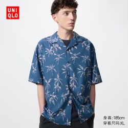 优衣库 482483 莫代尔混纺印花开领衬衫 宝蓝色