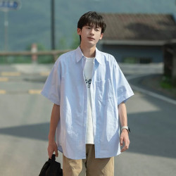 柏铭臣 男士衬衫短袖夏季薄款日系工装潮牌少年感休闲衬衣学院风短袖外套 蓝色 2XL