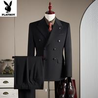 PLAYBOY 双排扣轻奢羊毛西服三件套 黑色 7XL (210-230斤)
