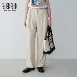 TEENIE WEENIE 小熊春季简约时尚高腰宽松直筒裤轻薄赠腰带休闲裤女 乳白色