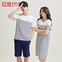 Hodo Men/红豆男装 红豆男女士睡衣夏季3A抑菌圆领短袖纯棉家居服套装 海军蓝 L