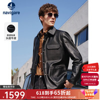 navigare 意大利小帆船男士头层牛皮真皮皮衣秋季简约百搭休闲皮夹克外套 暗夜黑 L