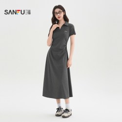 三福 短袖收腰V领夏季连衣裙