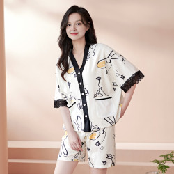芬腾 睡衣女款夏季纯棉短袖可外穿休闲薄款夏天凉感大码家居服套装