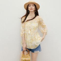 红袖 女士衬衫 2026夏季印花雪纺串珠流苏压褶拼接圆领套头上衣