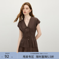范思蓝恩 摩登蝴蝶结系带收腰衬衫女2025夏连肩袖v领上衣2737 咖啡色 XS