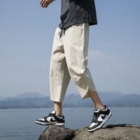 月伊纺 夏季新款棉麻七分裤男亚麻马裤青年百搭100%纯棉休闲裤男哈伦裤