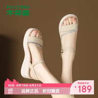 木林森 女鞋坡跟水钻罗马凉鞋 夏季一字扣带凉鞋通勤休闲百搭女士凉鞋子