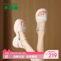 木林森 女鞋羊皮革凉鞋 夏季轻便一字带凉鞋休闲优雅女士增高显瘦凉鞋子