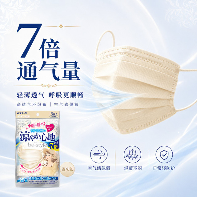 白元 be-style 清凉舒适褶皱款口罩 户外夏天防护透气