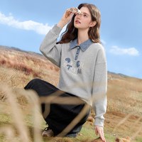 百图 撞色拼接字母刺绣卫衣女套头2026年春季新款polo领上衣