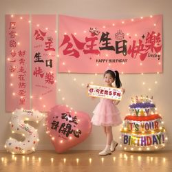 寻年味 女童生日布置 背景布+布条幅+手拉幅+灯串+气球 小公主墙面仪式感