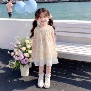 靓贝城堡 女童连衣裙夏季薄款洋气女宝无袖背心裙子2026新款儿童时尚公主裙 蓝色 100