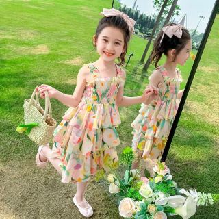 靓贝城堡 女童沙滩吊带裙夏季2026新款儿童公主裙小女孩宝宝洋气蛋糕连衣裙