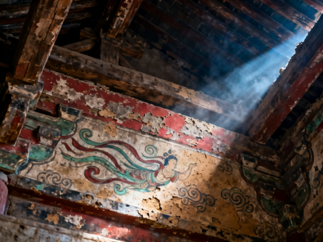 佛光寺东大殿梁架残存唐代壁画：飞天和卷草纹依稀可见