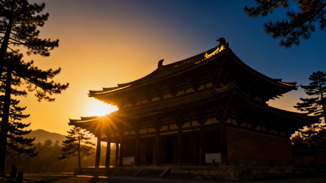 佛光寺东大殿夕阳剪影：斗栱层叠，古松环绕，金色暮光