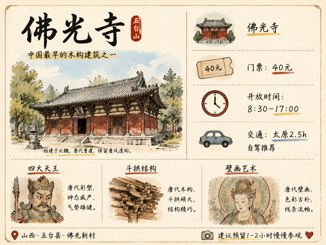 佛光寺旅行手绘卡片：门票、开放时间、交通一站攻略