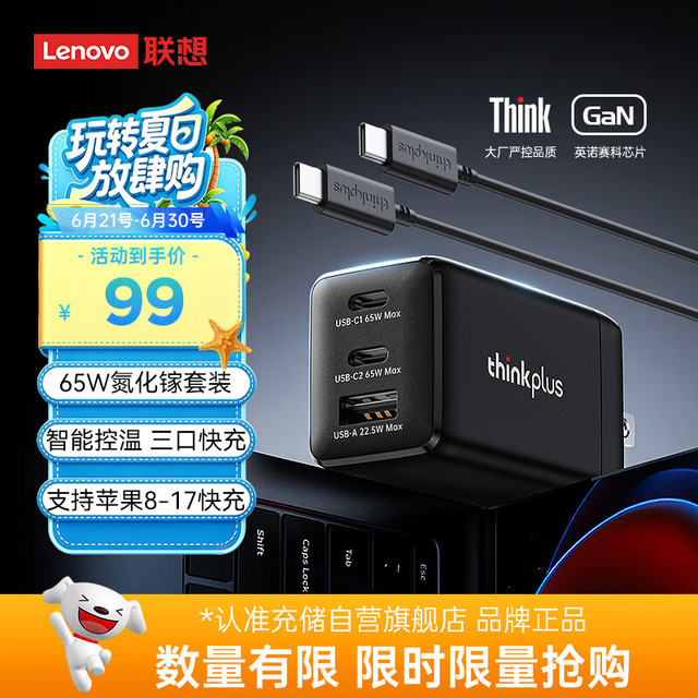 thinkplus 65W氮化镓 笔记本充电器  双Type-C口+USB-A口 线充套装 黑色 65W