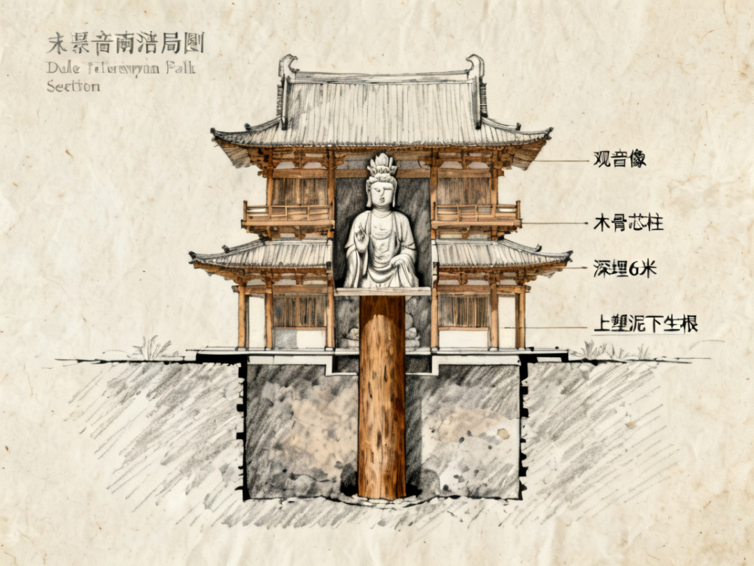 手绘剖面图：观音体内木骨芯柱从塑像贯穿至地基，塑像与建筑柔性连接
