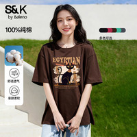 Baleno/班尼路 S&K纯棉短袖T恤 女款 圆领宽松印花 160g/m² 咖啡色 M