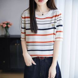 姿子 莱赛尔圆领针织衫五分袖女2025年夏新条纹打底衫T恤
