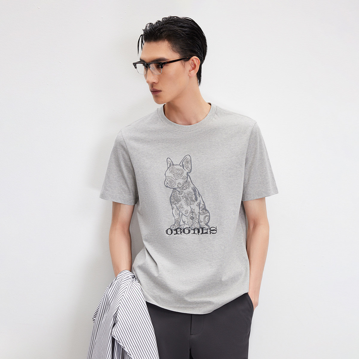 JACK&JONES/杰克琼斯 立体法斗犬短袖T恤 100%纯棉 黑色