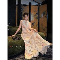 三吉黑花 紫藤花立体蕾丝喷墨晕染印花中式旗袍裙 首批 XS