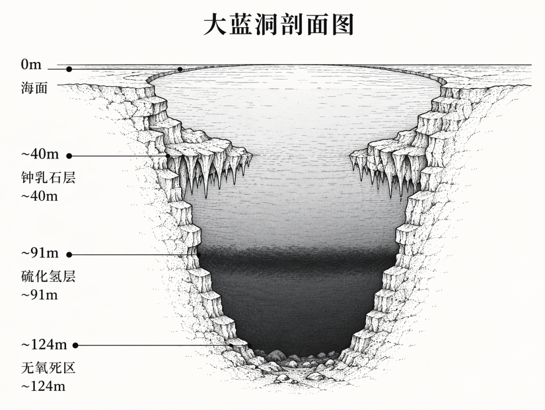 蓝洞剖面图：钟乳石层(40m)、硫化氢层(91m)、无光层(124m)