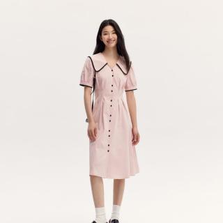森马 纯棉撞色大翻领泡泡袖连衣裙