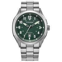 Citizen 西铁城 男式 Eco-Drive Terra Force,银色不锈钢表壳和表链,绿色表盘(型号:AW 1890-51X)