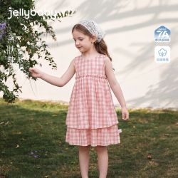 jellybaby 童装女童红色格子连衣裙夏季纯棉儿童背心裙夏装女裙子