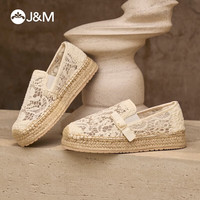 J&M 渔夫鞋女春夏小香风平底透气百搭一脚蹬休闲帆布鞋女 米白色 38
