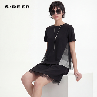 S.DEER/圣迪奥 渐变网纱拼接短袖T恤 女款