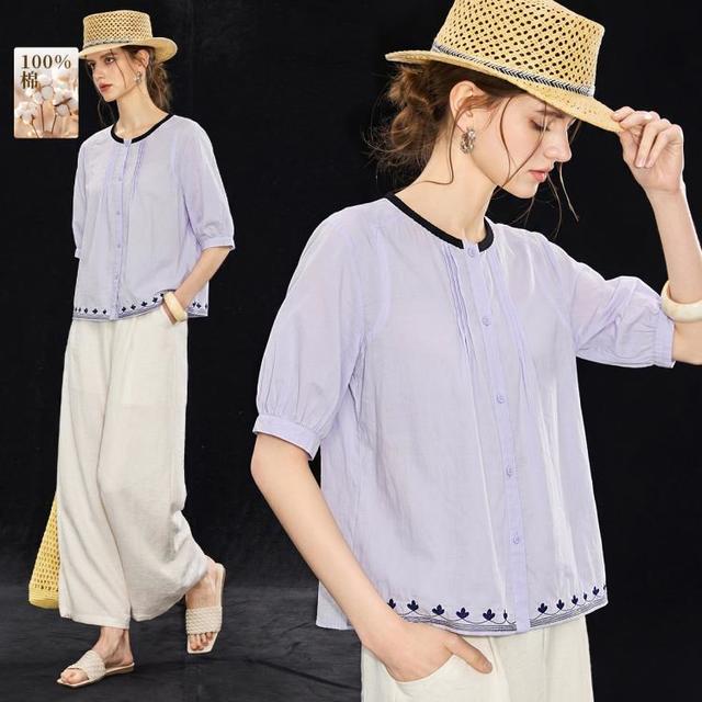 CANTO MOTTO 26夏松弛老钱风蕾丝圆领前片竖压褶宽松女式衬衫