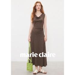 Marie Claire 复古时尚荡领设计连衣裙夏季新款简约百搭休闲中长裙