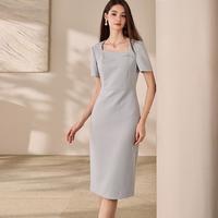 Roey s house 罗衣魔衣夏装时尚方领修身连衣裙女欧若风浅蓝色短袖裙子