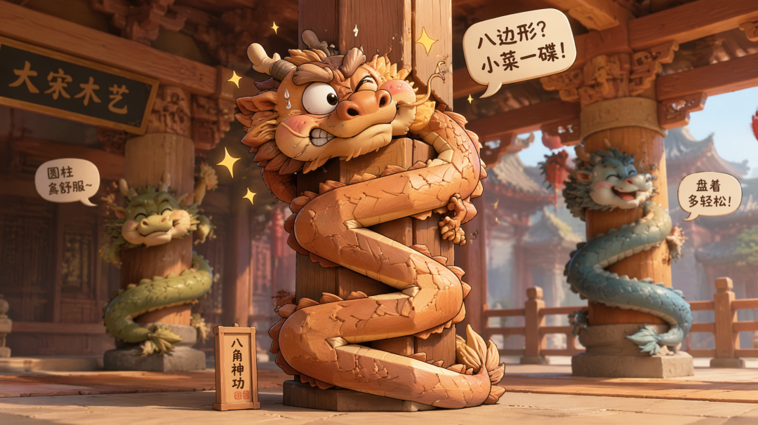 木龙在八棱柱上扭成了不可思议的角度，身体沿着棱面每个转角都在使劲，满头大汗但表情骄傲