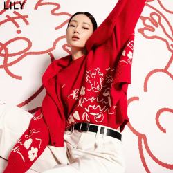 LILY 春新款女装绵羊毛趣味红色针织开衫外套v领毛衣女 103大红