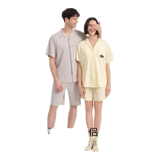 Ubras 云棉草本开襟翻领短袖长裤套装睡衣女家居服 涟漪蓝色 M