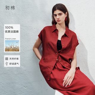 初棉 女士短袖衬衫 老钱风小金扣无袖衬衣 26夏口袋宽松 波尔多红