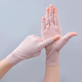 防晒手套女夏防紫外线开车骑电动车防滑露指采茶美甲半指纯棉手套