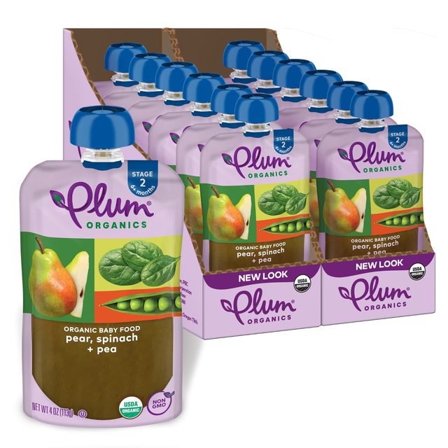 Plum Organics 有机婴儿辅食果蔬泥 梨菠菜豌豆混合 6月+适用 袋装12袋x113g