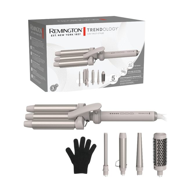 Remington 卷发棒 5 合 1 [3 个附件13-25毫米,波浪附件,圆形刷] Trendology Wave Iron (LED 显示屏 130°C - 210°C,沙滩波浪,螺旋卷发,自然卷发,适合所有头发 类型 :